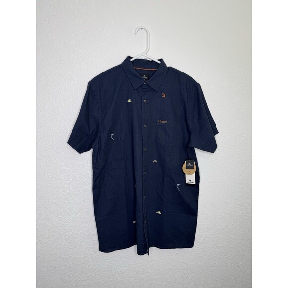 New RIP CURL Men's SWC MOTIF LINEN SS Woven Shirt Navy Medium NWT Embroidered - Picture 1 of 16